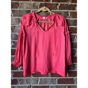 GAP Womens Small Pink Flowy Peasant Blouse Ruffle 3/4 Sleeve Tie Neck Boho